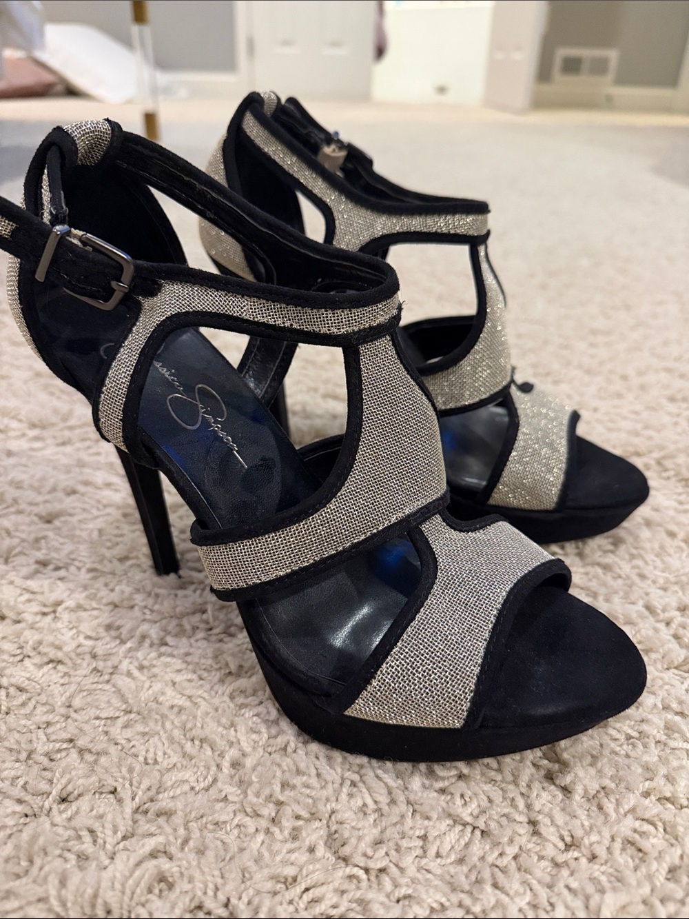 Jessica Simpson Silver and Black Strappy High Heel Sandals